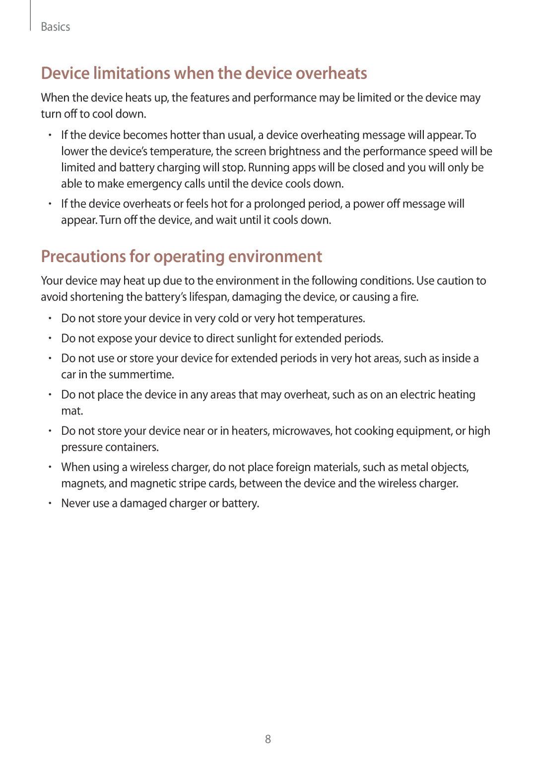 Samsung SM-A320FZBNITV, SM-A320FZDNDBT Device limitations when the device overheats, Precautions for operating environment 