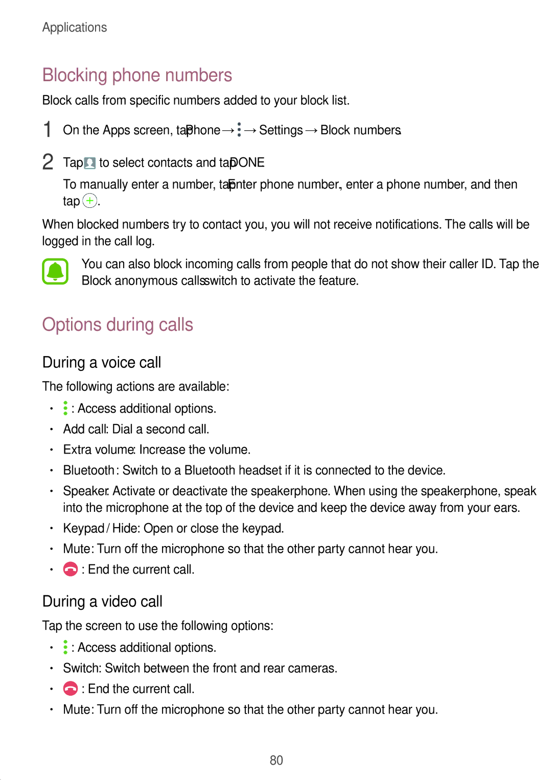 Samsung SM-A320FZKNETL manual Blocking phone numbers, Options during calls, During a voice call, During a video call 