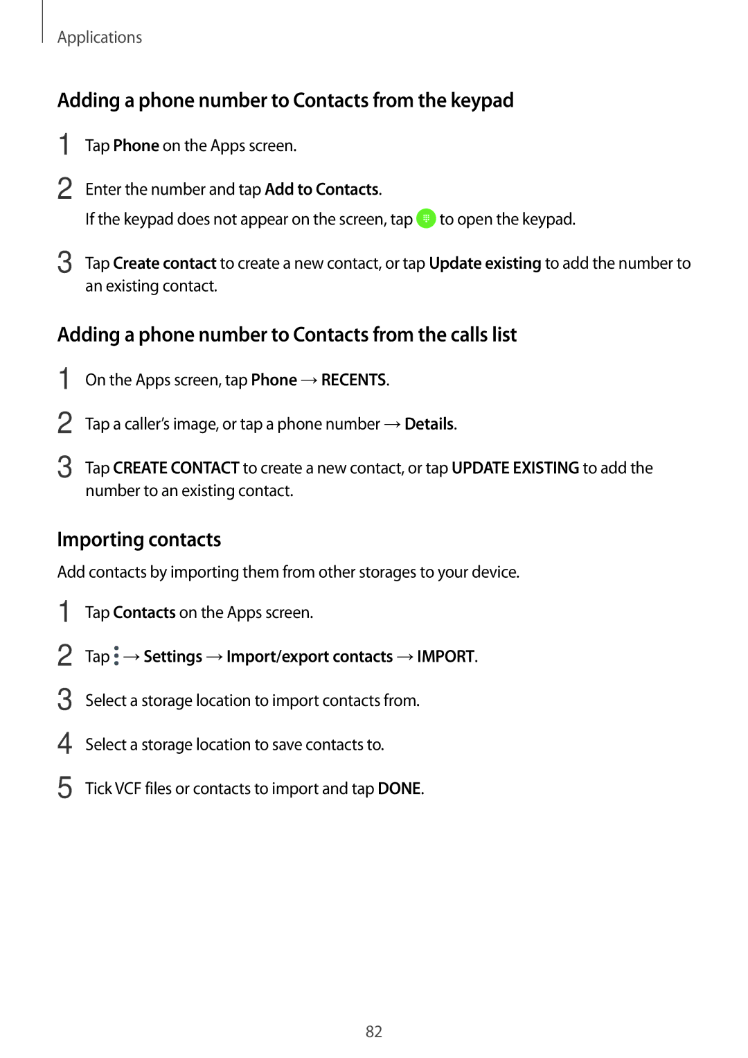 Samsung SM-A320FZDNNEE, SM-A320FZDNDBT manual Adding a phone number to Contacts from the keypad, Importing contacts 