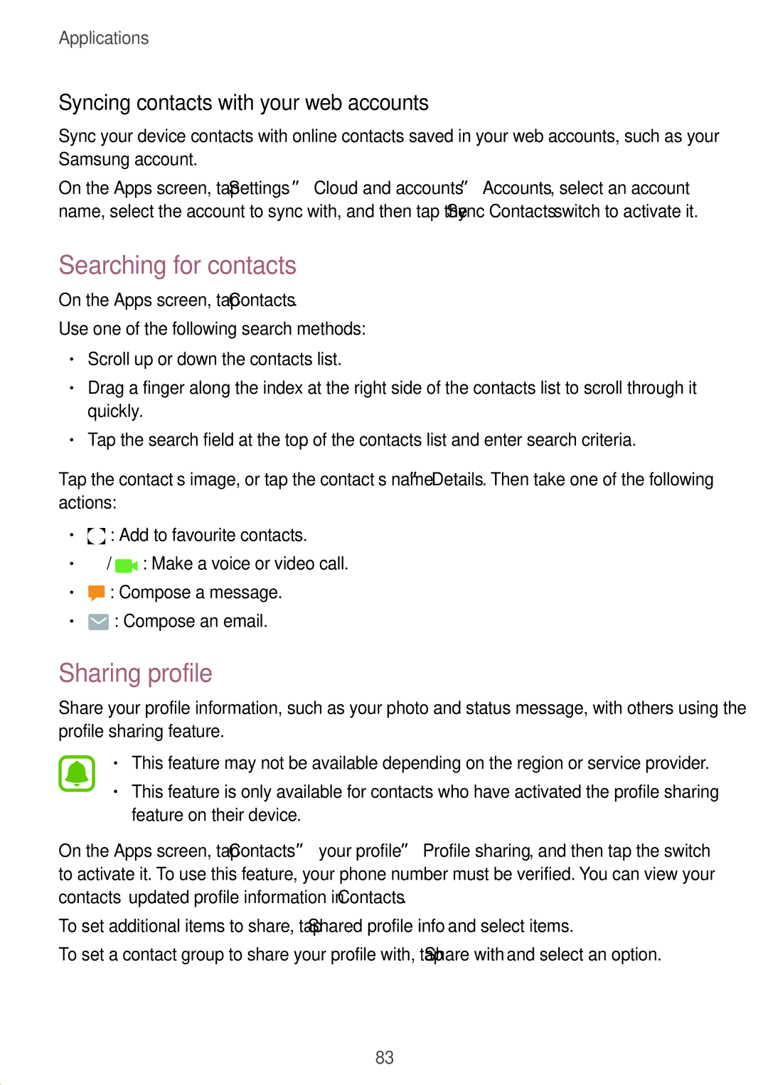 Samsung SM-A320FZINNEE, SM-A320FZDNDBT Searching for contacts, Sharing profile, Syncing contacts with your web accounts 