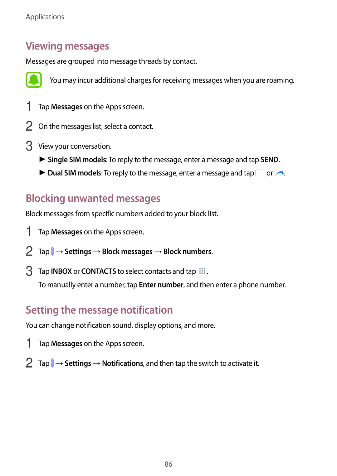 Samsung SM-A320FZDNSEB, SM-A320FZDNDBT manual Viewing messages, Blocking unwanted messages, Setting the message notification 