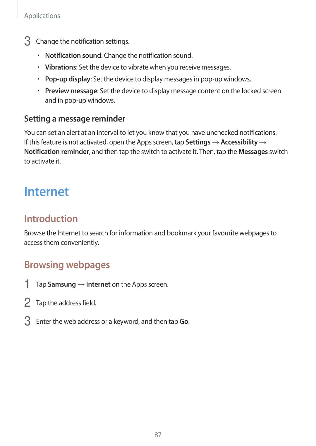 Samsung SM-A320FZKNCOS, SM-A320FZDNDBT, SM-A320FZKNDBT manual Internet, Browsing webpages, Setting a message reminder 