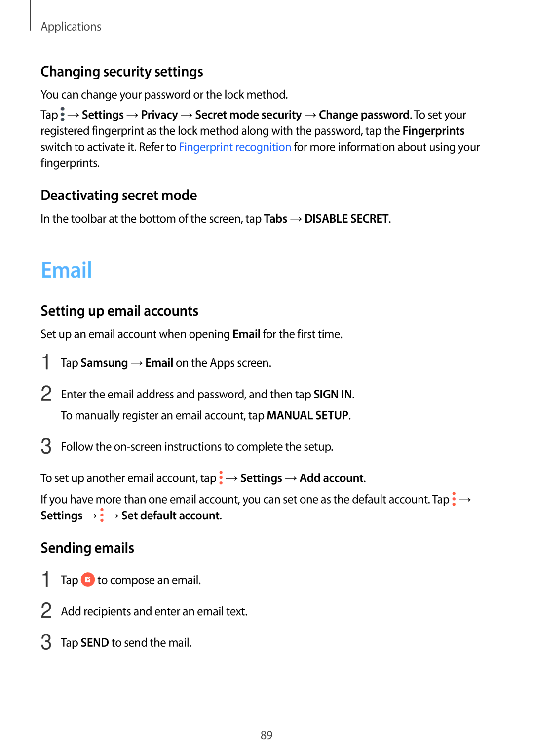 Samsung SM-A320FZINCOS Changing security settings, Deactivating secret mode, Setting up email accounts, Sending emails 