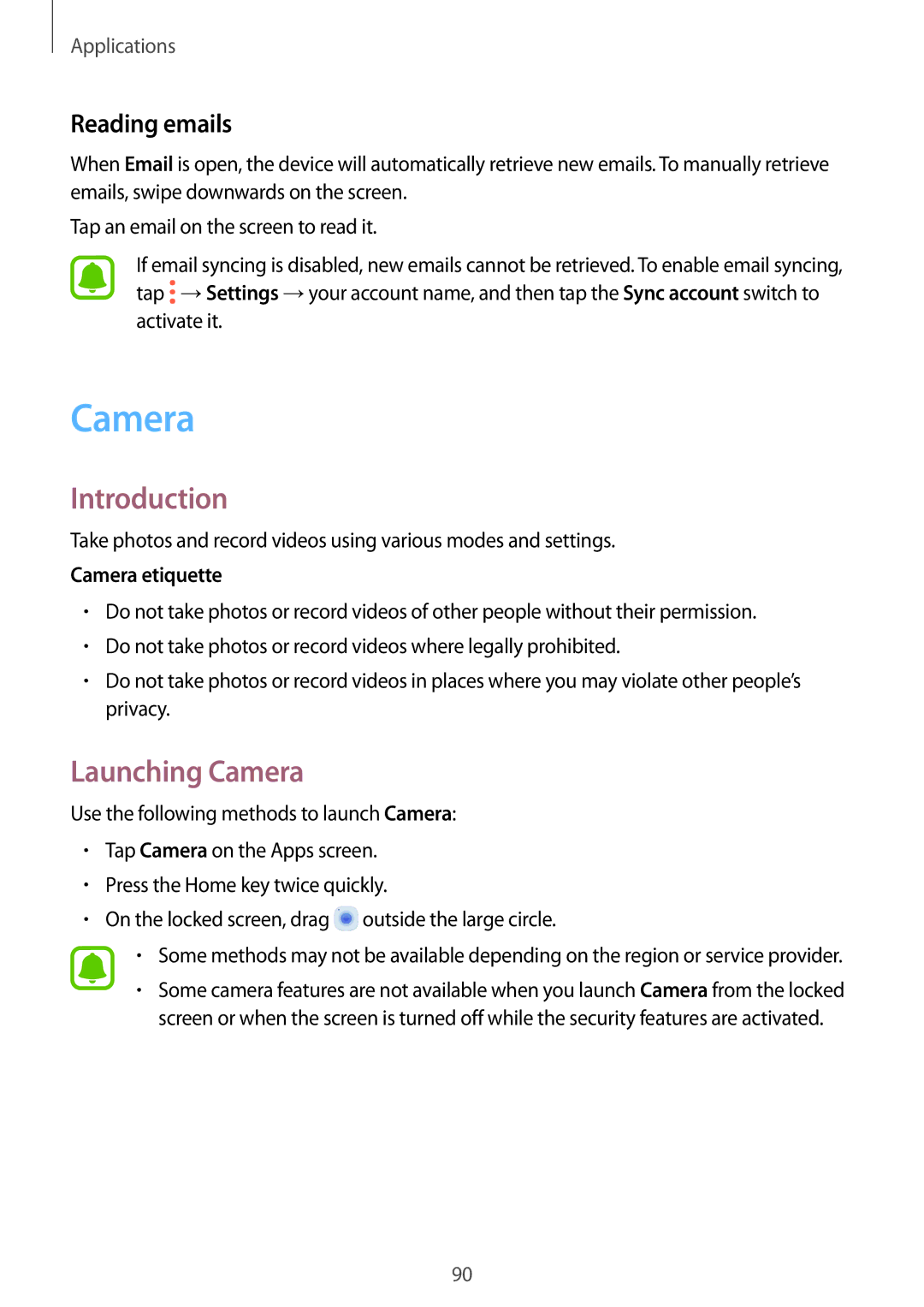 Samsung SM-A320FZINEUR, SM-A320FZDNDBT, SM-A320FZKNDBT manual Launching Camera, Reading emails, Camera etiquette 