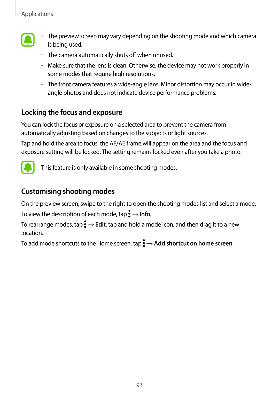 Samsung SM-A320FZDNVGR, SM-A320FZDNDBT, SM-A320FZKNDBT manual Locking the focus and exposure, Customising shooting modes 