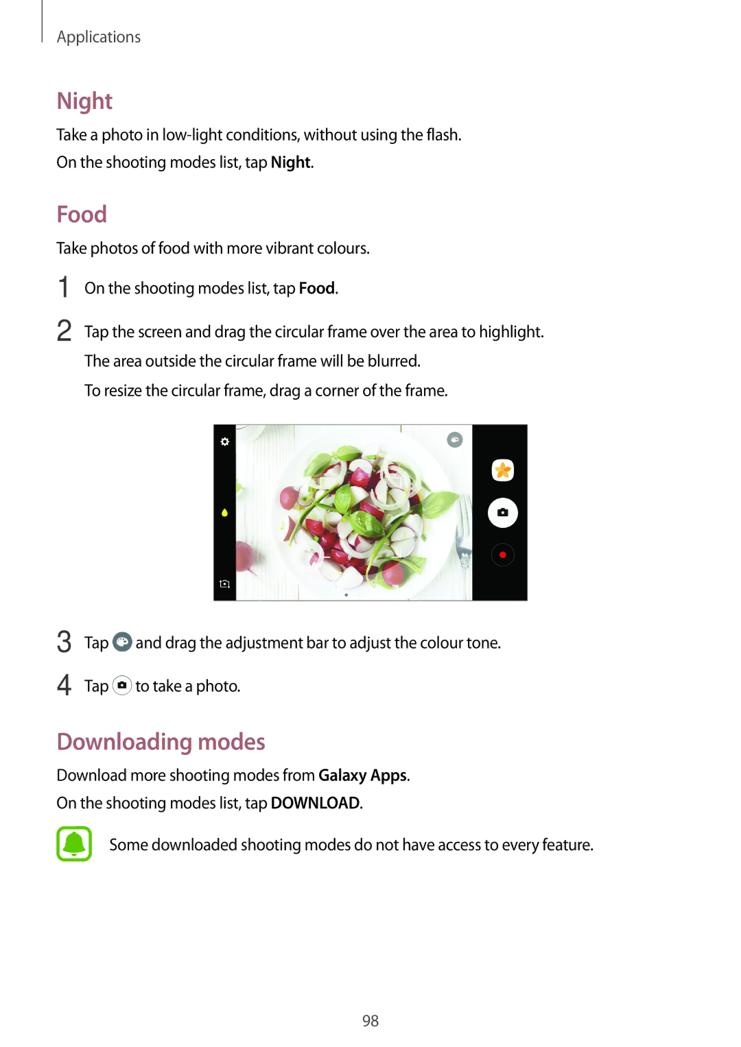 Samsung SM-A320FZINVGR, SM-A320FZDNDBT, SM-A320FZKNDBT, SM-A320FZINDBT, SM-A320FZBNDBT manual Night, Food, Downloading modes 