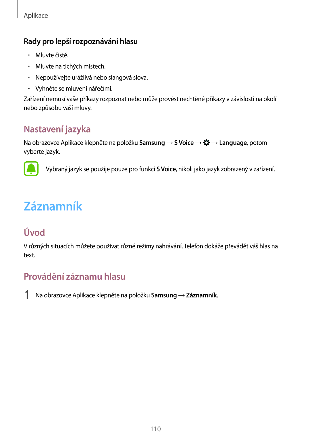 Samsung SM-A320FZBNETL manual Záznamník, Nastavení jazyka, Provádění záznamu hlasu, Rady pro lepší rozpoznávání hlasu 