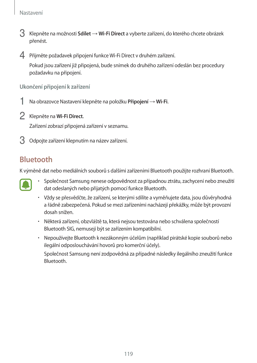 Samsung SM-A320FZKNETL, SM-A320FZINETL, SM-A320FZDNETL, SM-A320FZBNETL manual Bluetooth, Ukončení připojení k zařízení 