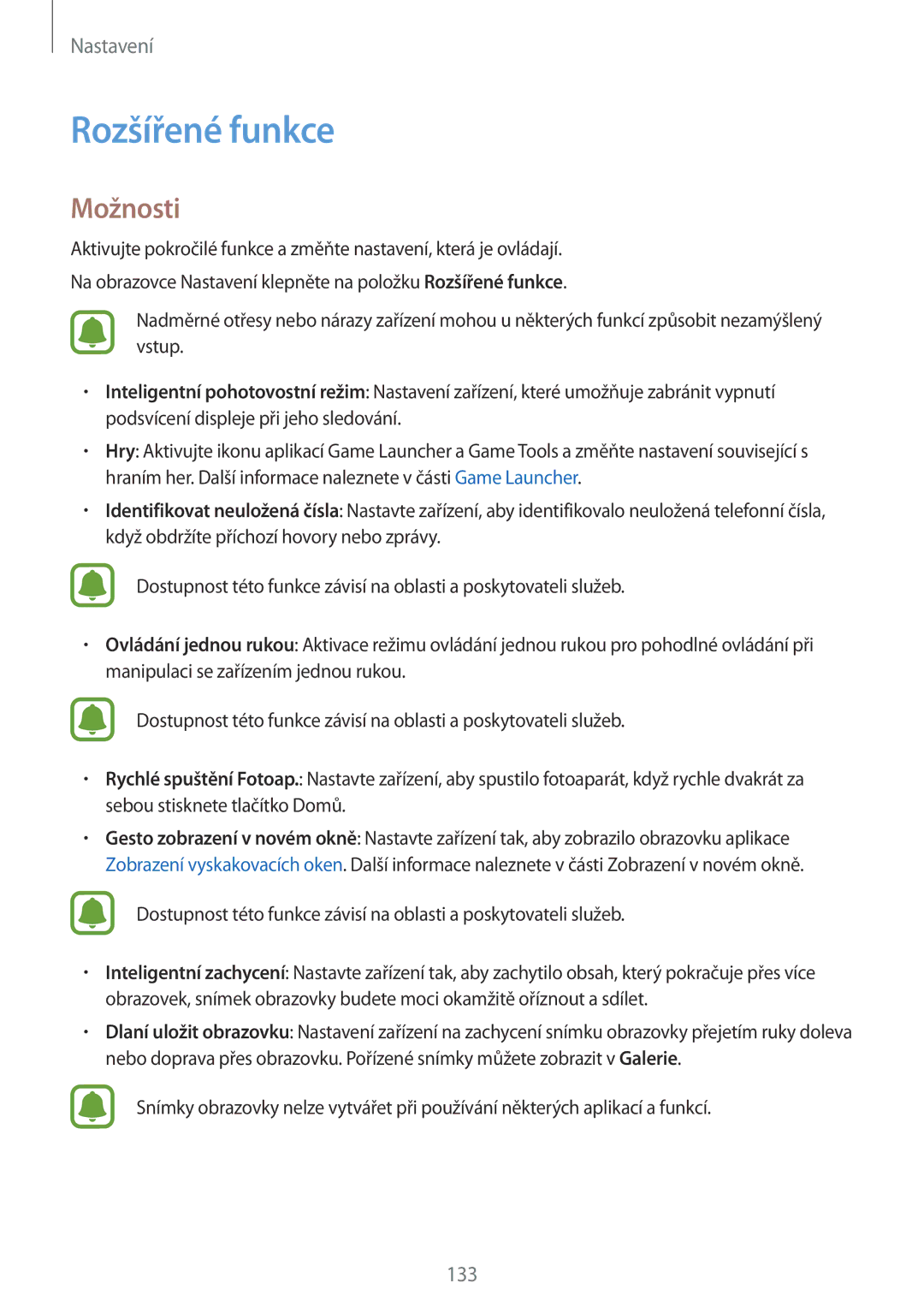 Samsung SM-A320FZDNETL, SM-A320FZINETL, SM-A320FZBNETL, SM-A320FZKNETL manual Rozšířené funkce, Možnosti 