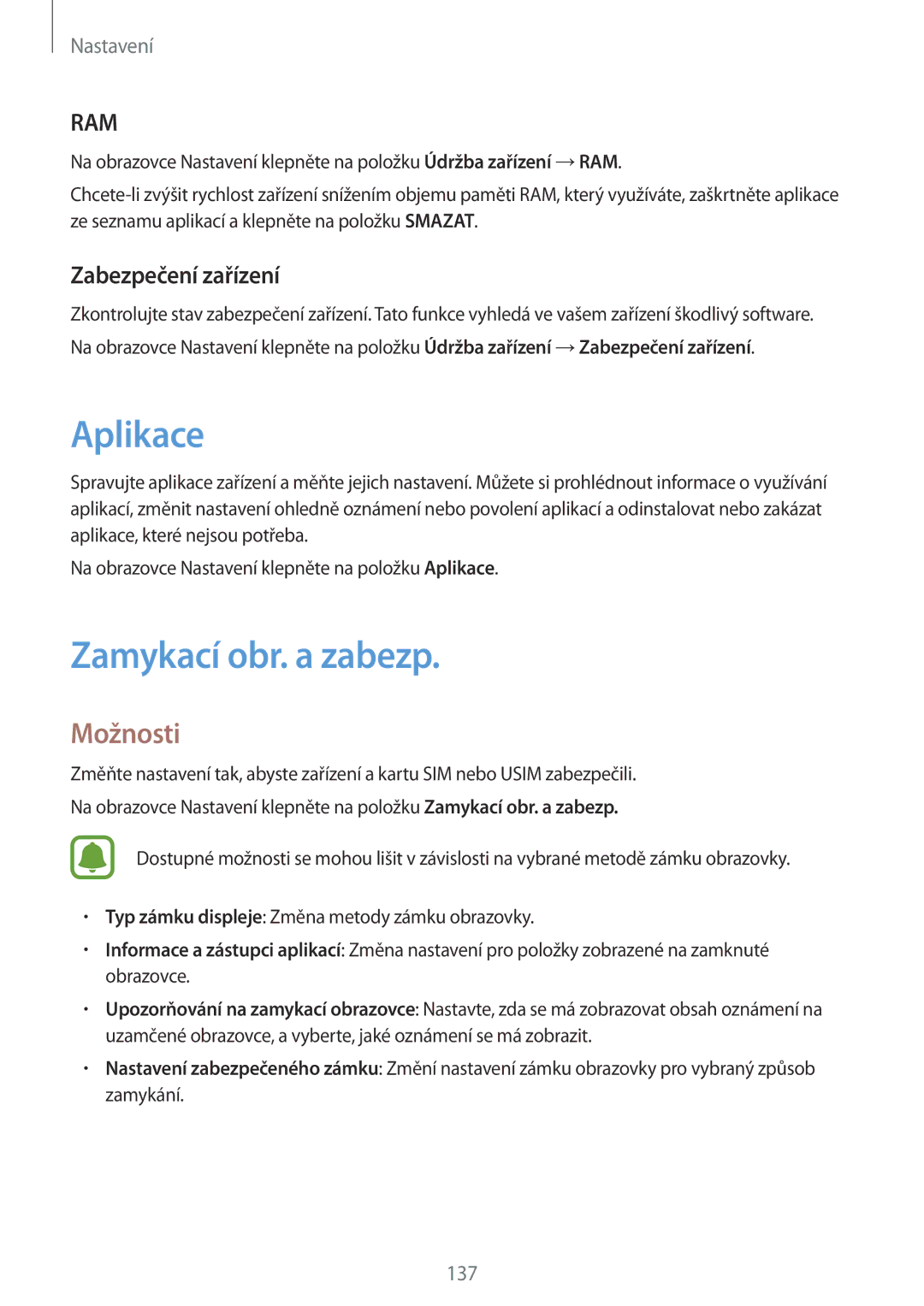 Samsung SM-A320FZDNETL, SM-A320FZINETL, SM-A320FZBNETL manual Aplikace, Zamykací obr. a zabezp, Zabezpečení zařízení 