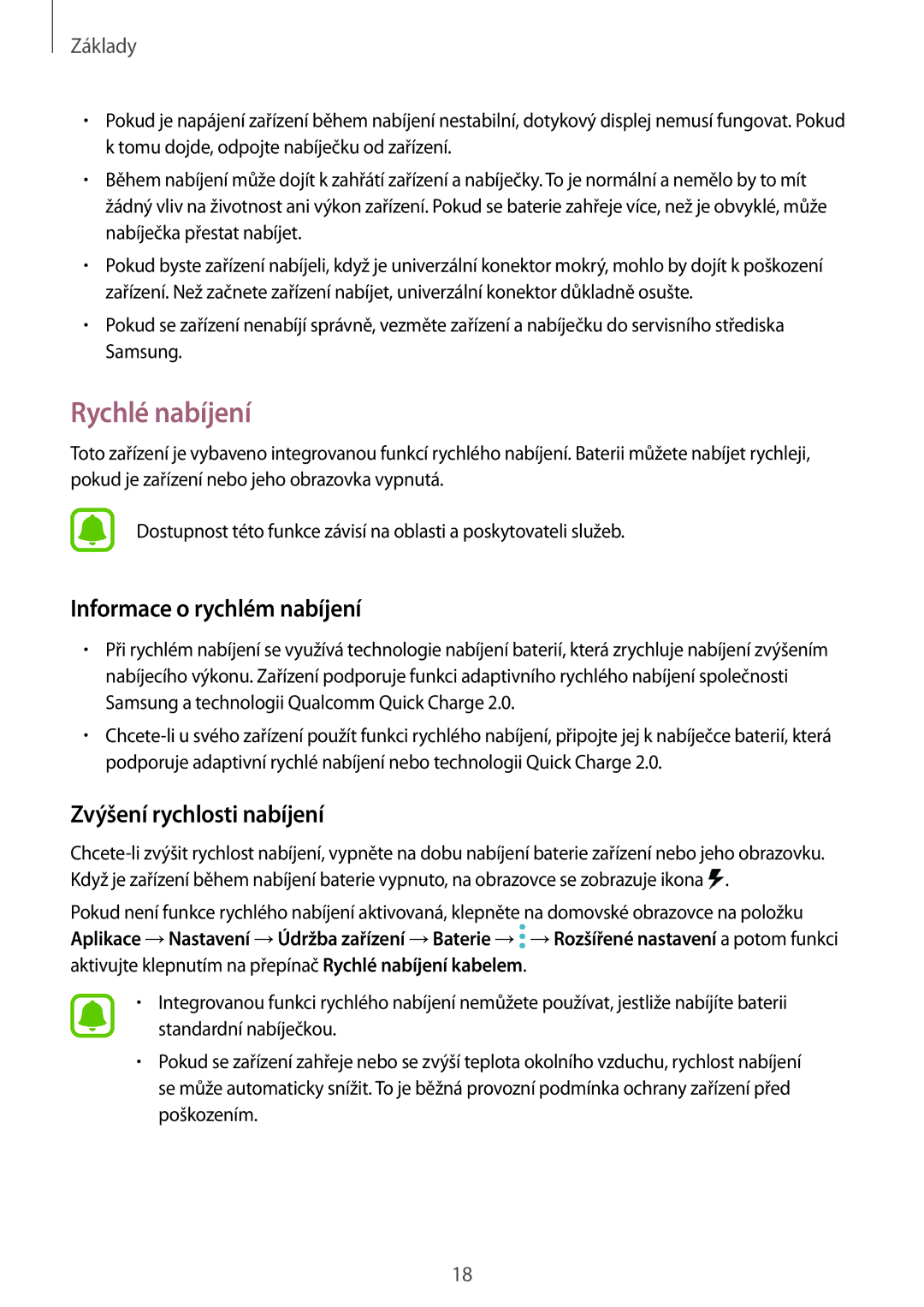 Samsung SM-A320FZBNETL, SM-A320FZINETL manual Rychlé nabíjení, Informace o rychlém nabíjení, Zvýšení rychlosti nabíjení 