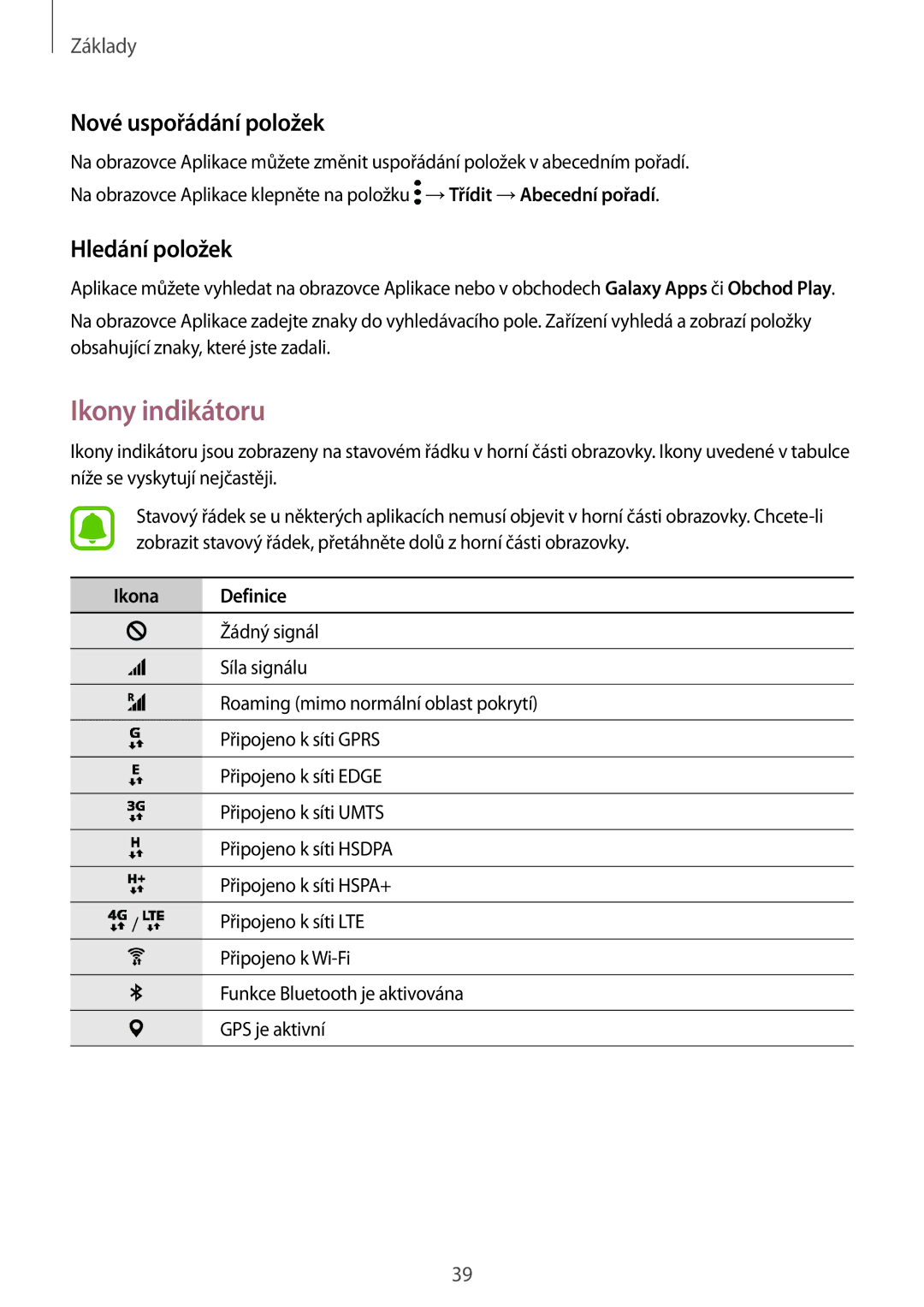 Samsung SM-A320FZKNETL, SM-A320FZINETL manual Ikony indikátoru, Nové uspořádání položek, Hledání položek, Ikona Definice 