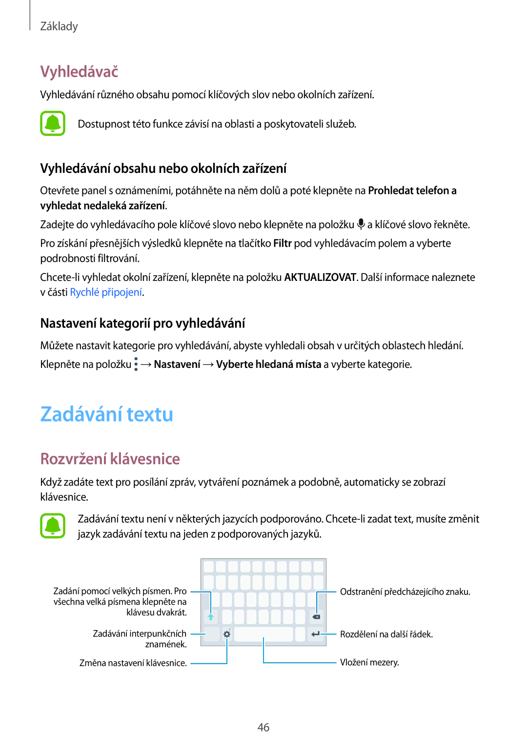 Samsung SM-A320FZBNETL manual Zadávání textu, Vyhledávač, Rozvržení klávesnice, Vyhledávání obsahu nebo okolních zařízení 