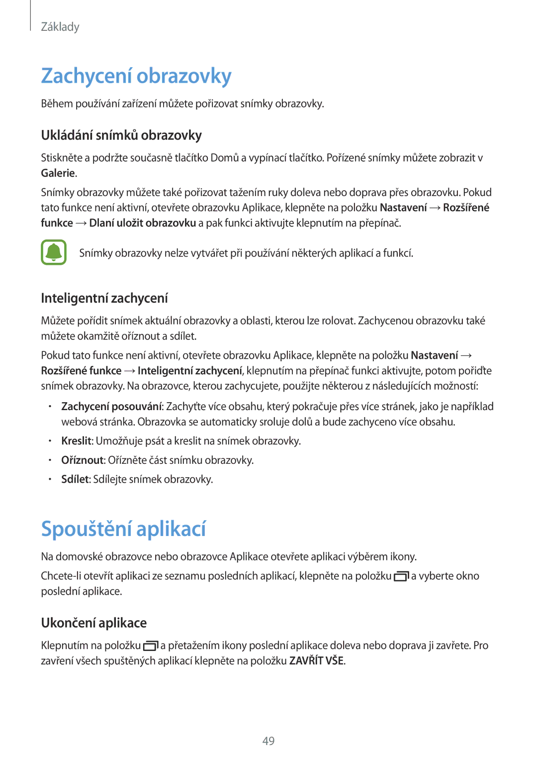 Samsung SM-A320FZDNETL manual Zachycení obrazovky, Spouštění aplikací, Ukládání snímků obrazovky, Inteligentní zachycení 