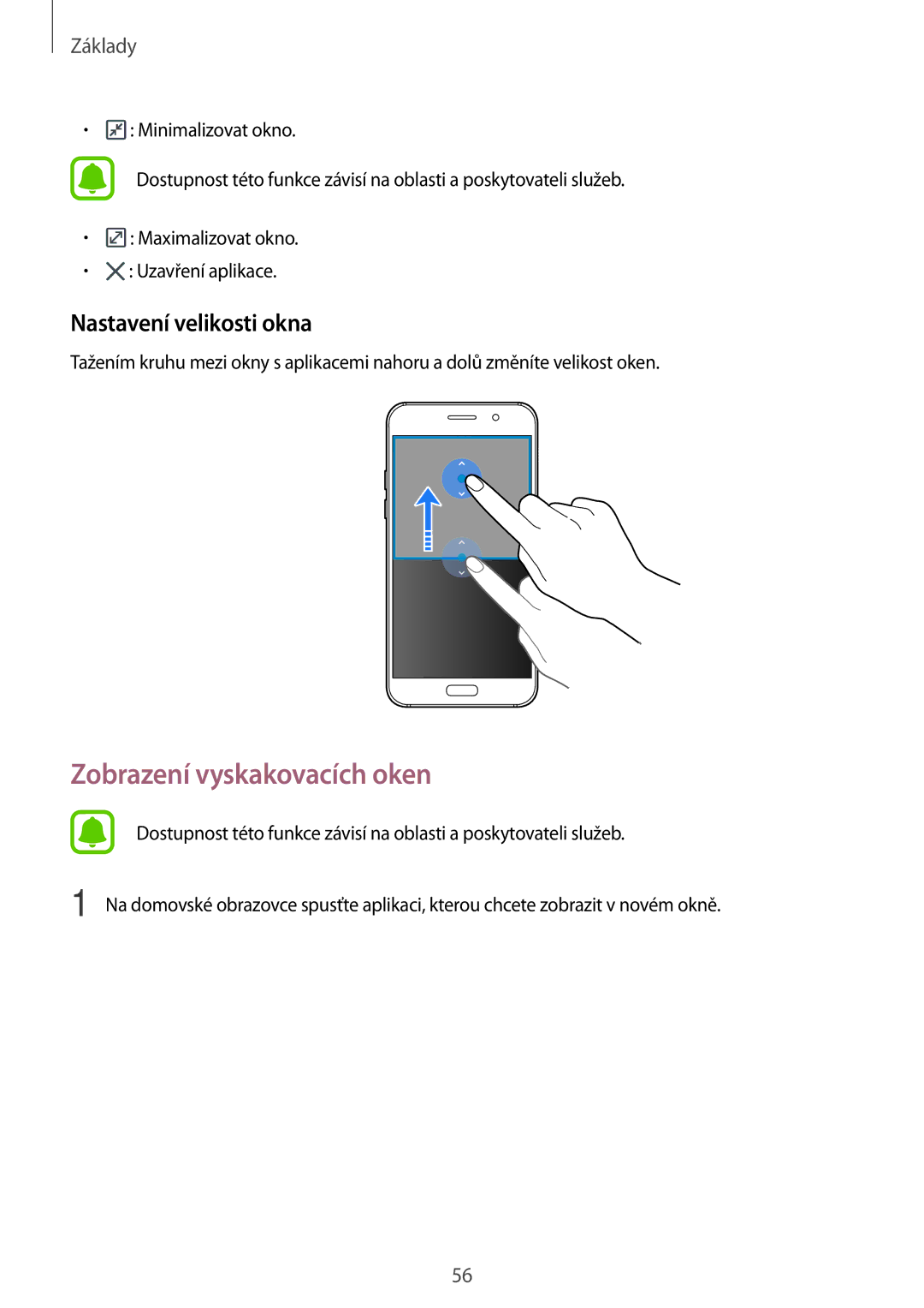 Samsung SM-A320FZINETL, SM-A320FZDNETL, SM-A320FZBNETL manual Zobrazení vyskakovacích oken, Nastavení velikosti okna 