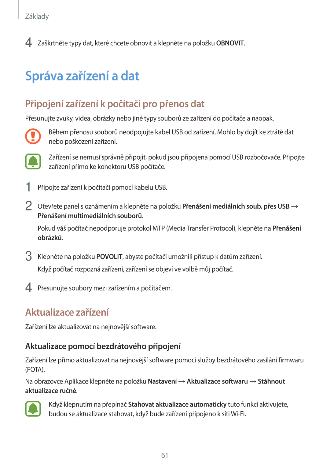 Samsung SM-A320FZDNETL manual Správa zařízení a dat, Připojení zařízení k počítači pro přenos dat, Aktualizace zařízení 