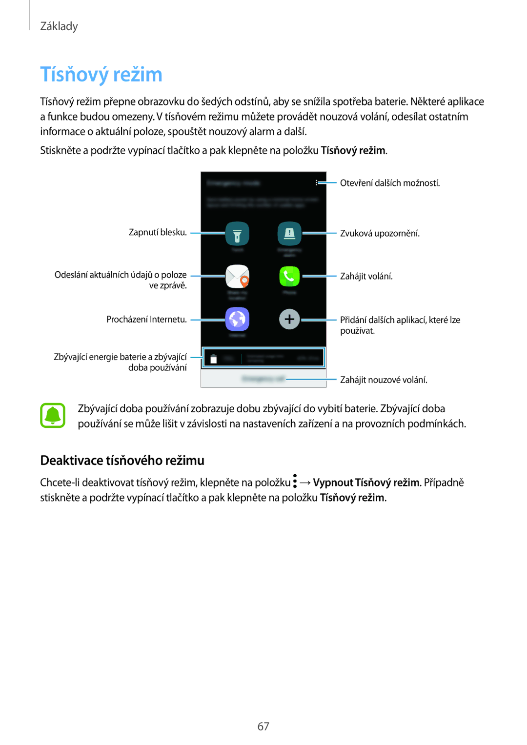 Samsung SM-A320FZKNETL, SM-A320FZINETL, SM-A320FZDNETL, SM-A320FZBNETL manual Tísňový režim, Deaktivace tísňového režimu 