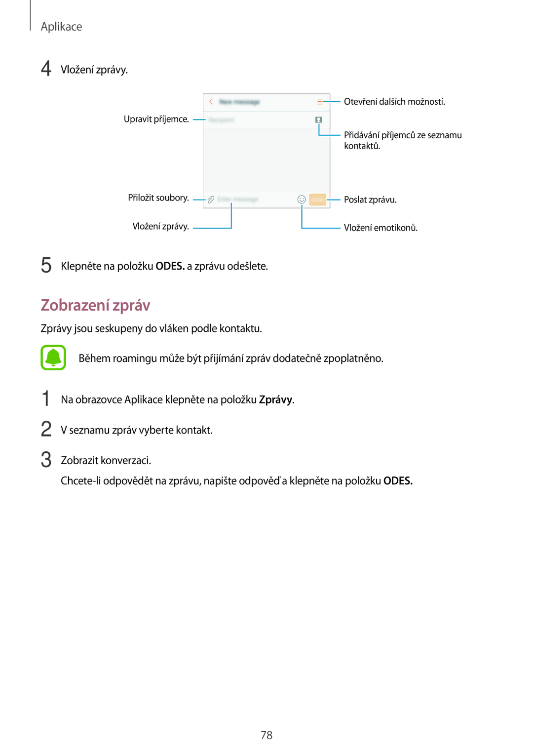 Samsung SM-A320FZBNETL, SM-A320FZINETL, SM-A320FZDNETL, SM-A320FZKNETL manual Zobrazení zpráv, Vložení zprávy 