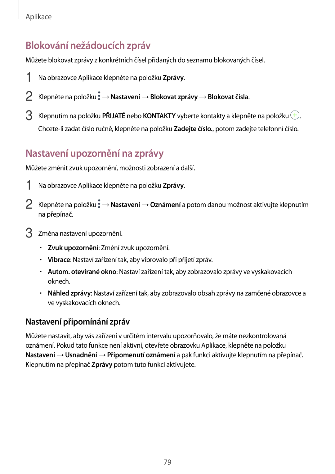 Samsung SM-A320FZKNETL manual Blokování nežádoucích zpráv, Nastavení upozornění na zprávy, Nastavení připomínání zpráv 