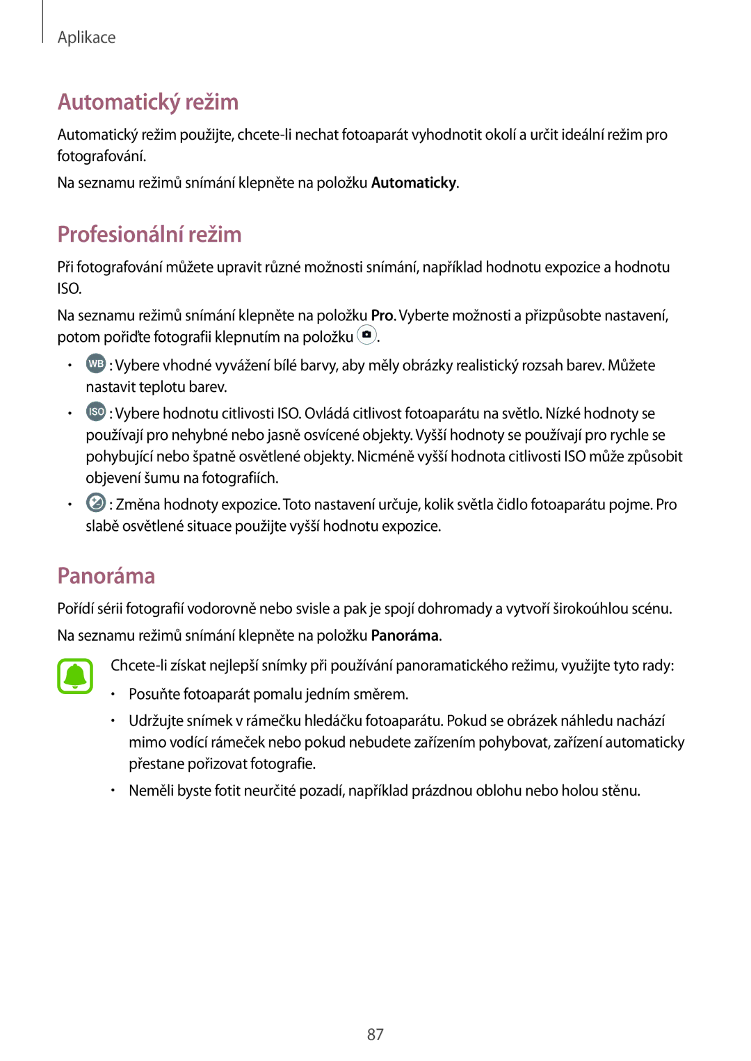 Samsung SM-A320FZKNETL, SM-A320FZINETL, SM-A320FZDNETL, SM-A320FZBNETL manual Automatický režim, Profesionální režim, Panoráma 