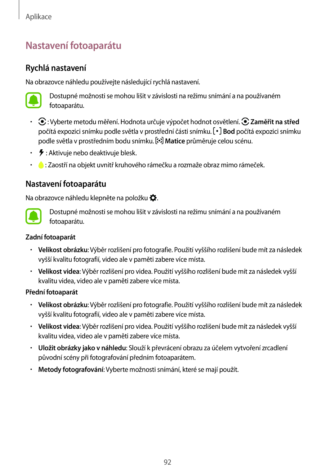 Samsung SM-A320FZINETL, SM-A320FZDNETL manual Nastavení fotoaparátu, Rychlá nastavení, Zadní fotoaparát, Přední fotoaparát 