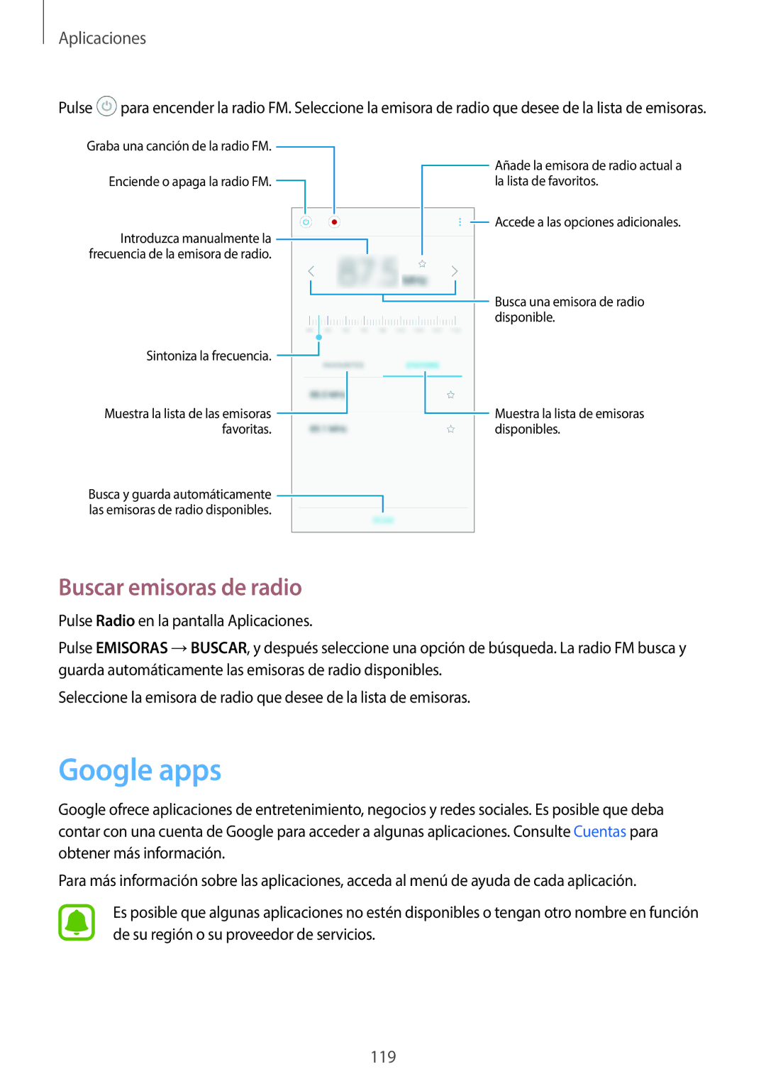 Samsung SM-A320FZKNPHE, SM-A320FZINPHE, SM-A320FZBNPHE, SM-A320FZDNPHE manual Google apps, Buscar emisoras de radio 