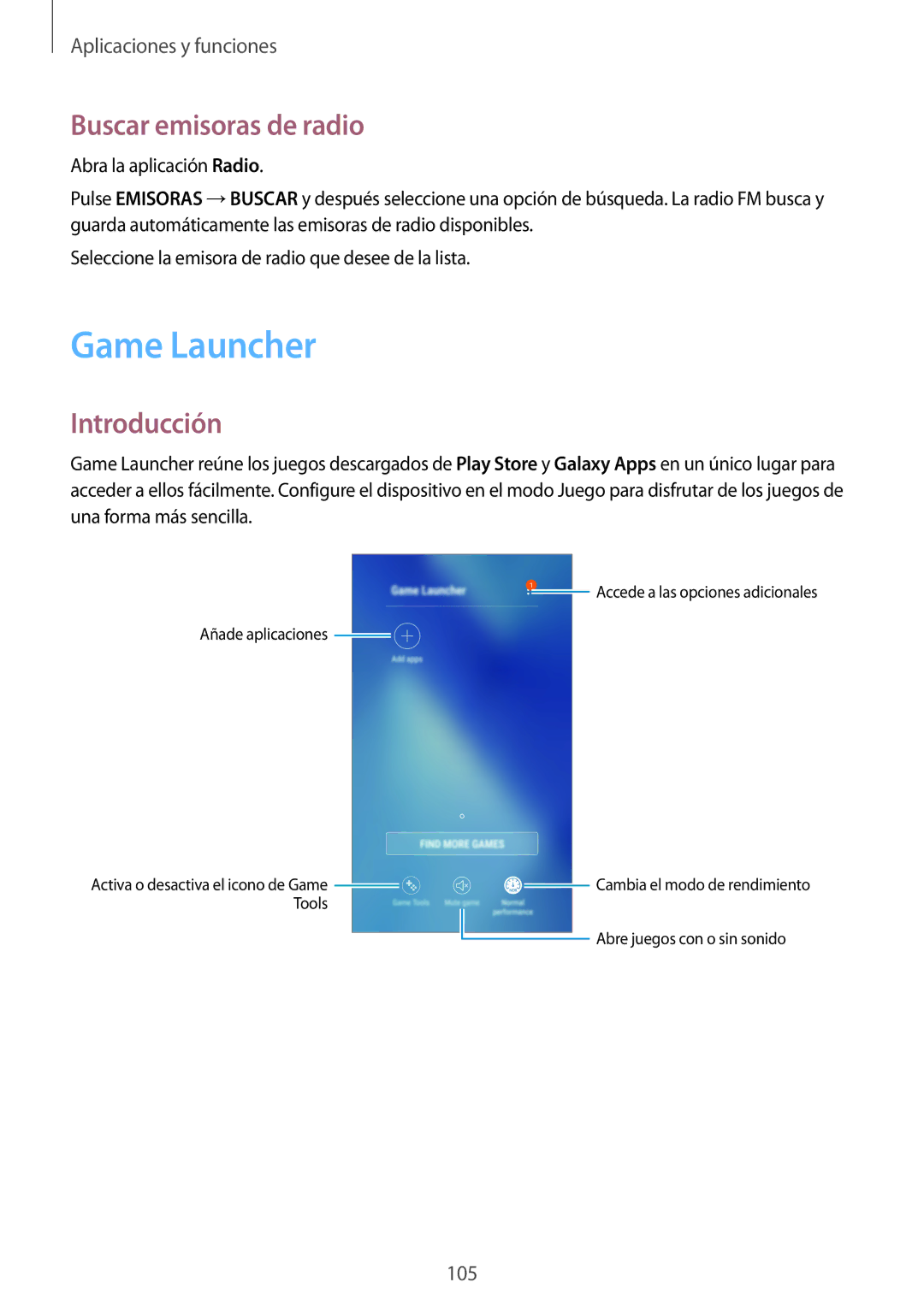 Samsung SM-A320FZBNPHE, SM-A320FZINPHE, SM-A520FZDAPHE, SM-A520FZKAPHE manual Game Launcher, Buscar emisoras de radio 