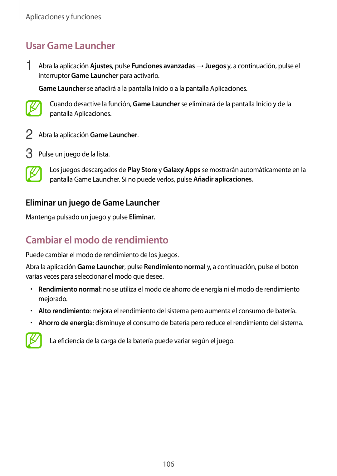 Samsung SM-A520FZDAPHE manual Usar Game Launcher, Cambiar el modo de rendimiento, Eliminar un juego de Game Launcher 