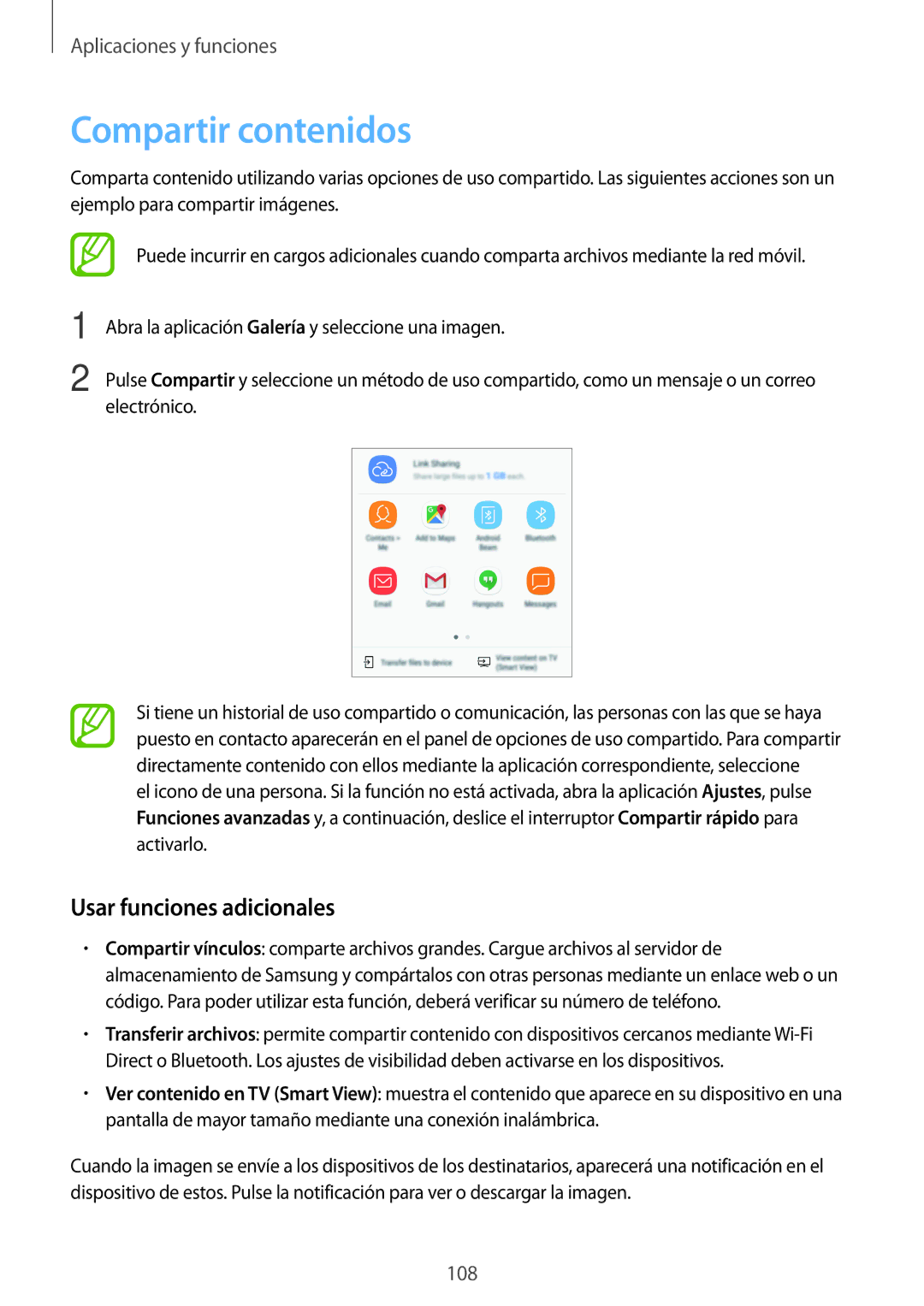 Samsung SM-A520FZIAPHE, SM-A320FZINPHE, SM-A320FZBNPHE, SM-A520FZDAPHE manual Compartir contenidos, Usar funciones adicionales 