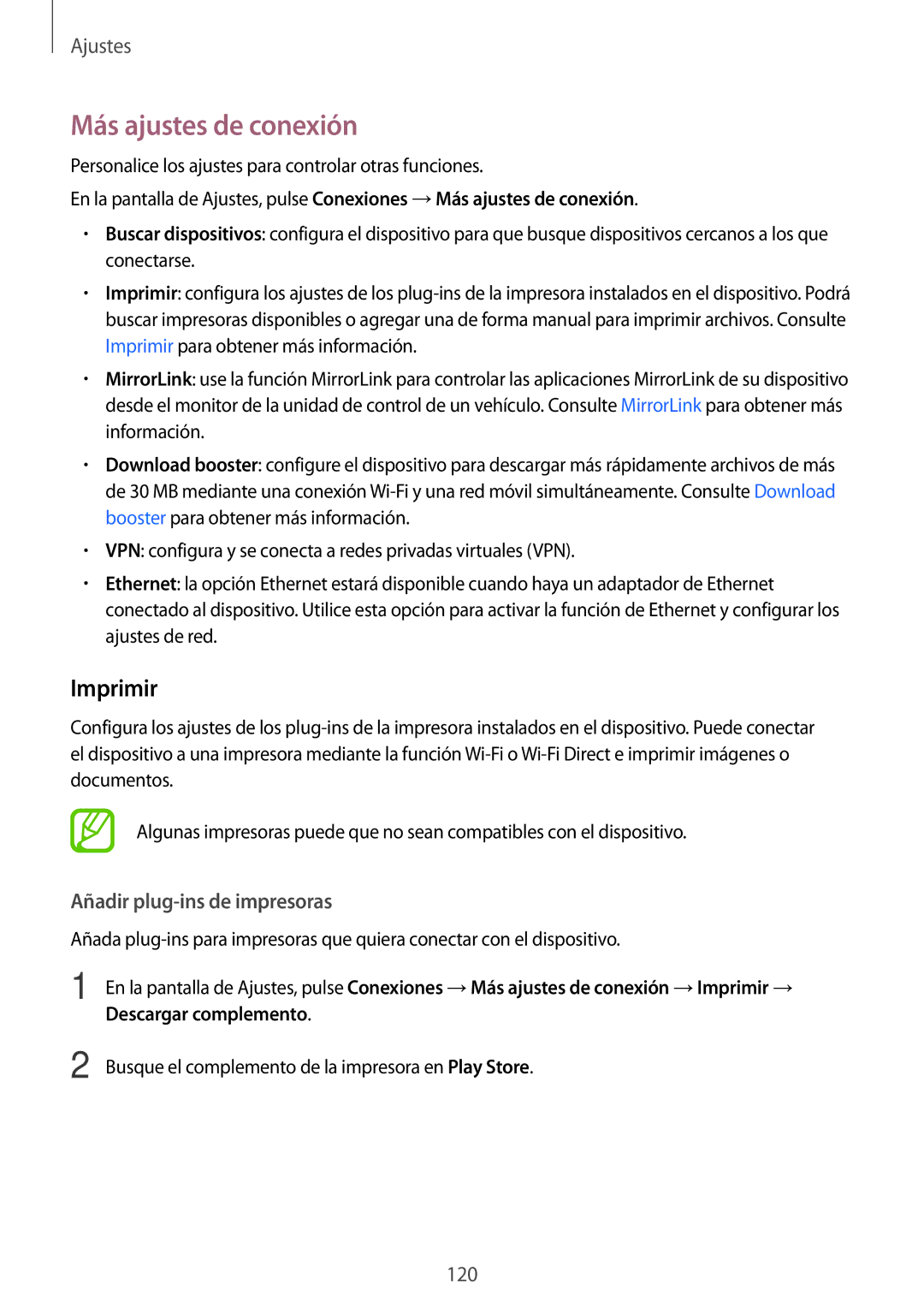Samsung SM-A320FZINPHE manual Más ajustes de conexión, Imprimir, Añadir plug-ins de impresoras, Descargar complemento 