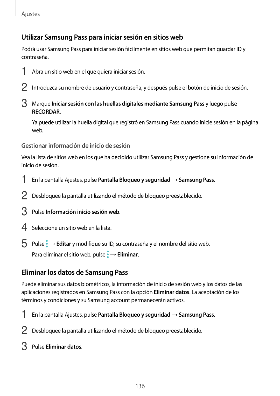 Samsung SM-A320FZINPHE manual Utilizar Samsung Pass para iniciar sesión en sitios web, Eliminar los datos de Samsung Pass 