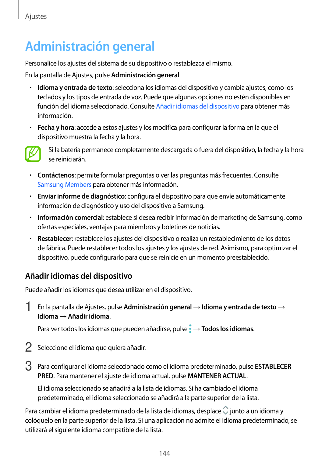 Samsung SM-A320FZINPHE, SM-A320FZBNPHE, SM-A520FZDAPHE manual Administración general, Añadir idiomas del dispositivo 