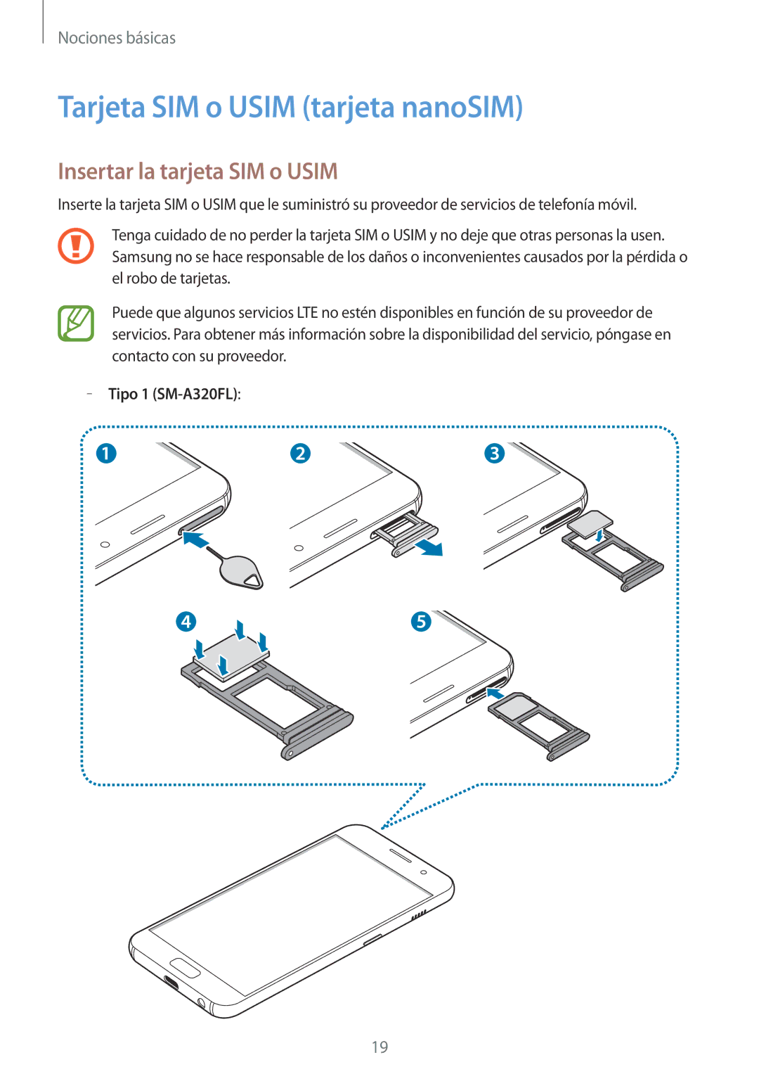 Samsung SM-A520FZKAPHE, SM-A320FZINPHE, SM-A320FZBNPHE Tarjeta SIM o Usim tarjeta nanoSIM, Insertar la tarjeta SIM o Usim 