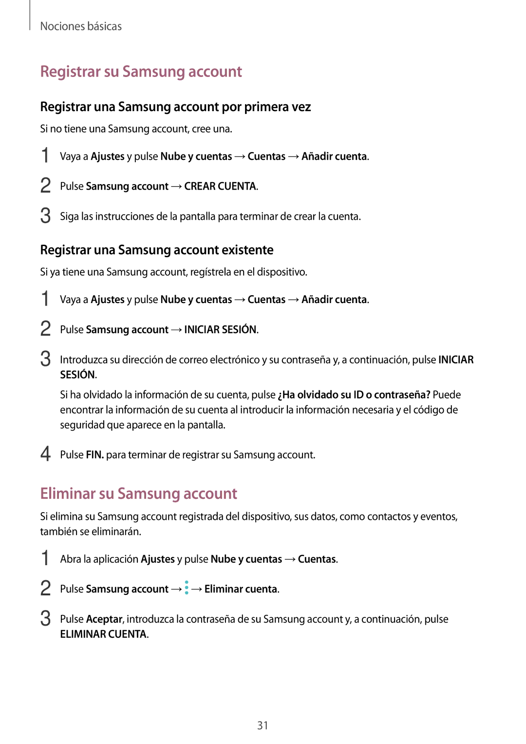 Samsung SM-A520FZBAPHE Registrar su Samsung account, Eliminar su Samsung account, Registrar una Samsung account existente 