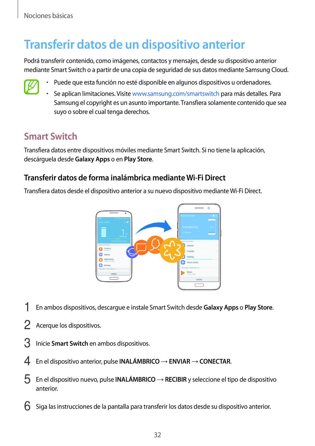 Samsung SM-A320FZINPHE, SM-A320FZBNPHE, SM-A520FZDAPHE manual Transferir datos de un dispositivo anterior, Smart Switch 