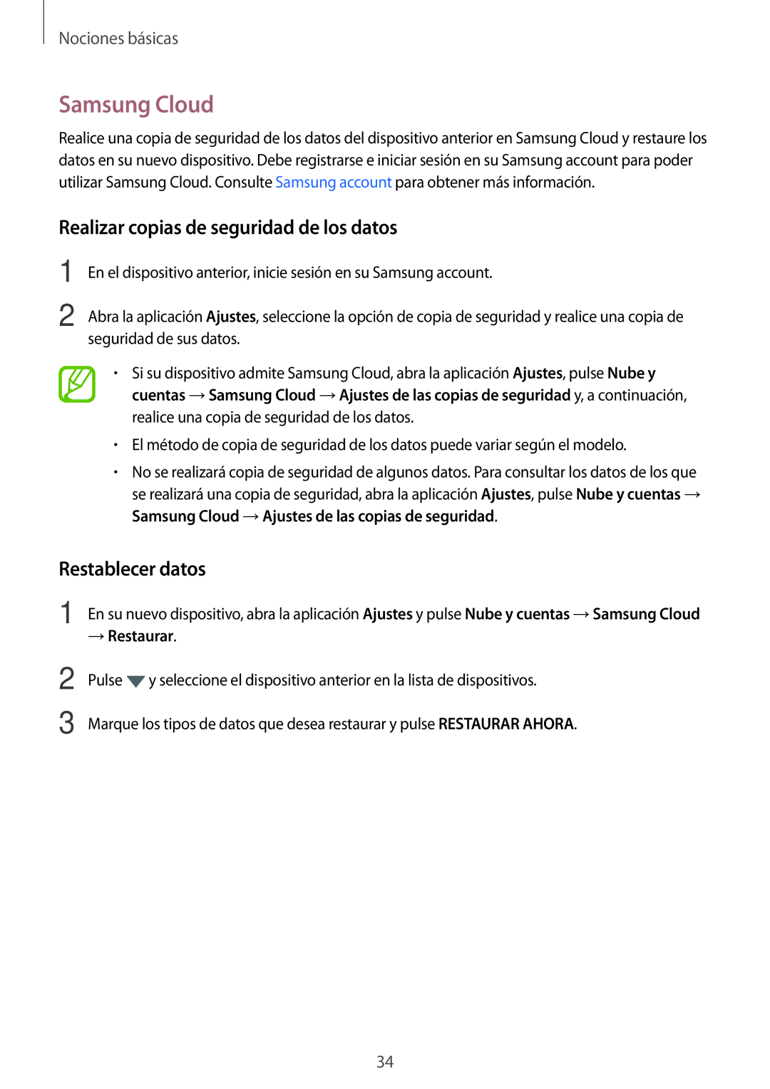 Samsung SM-A520FZDAPHE manual Samsung Cloud, Realizar copias de seguridad de los datos, Restablecer datos, → Restaurar 