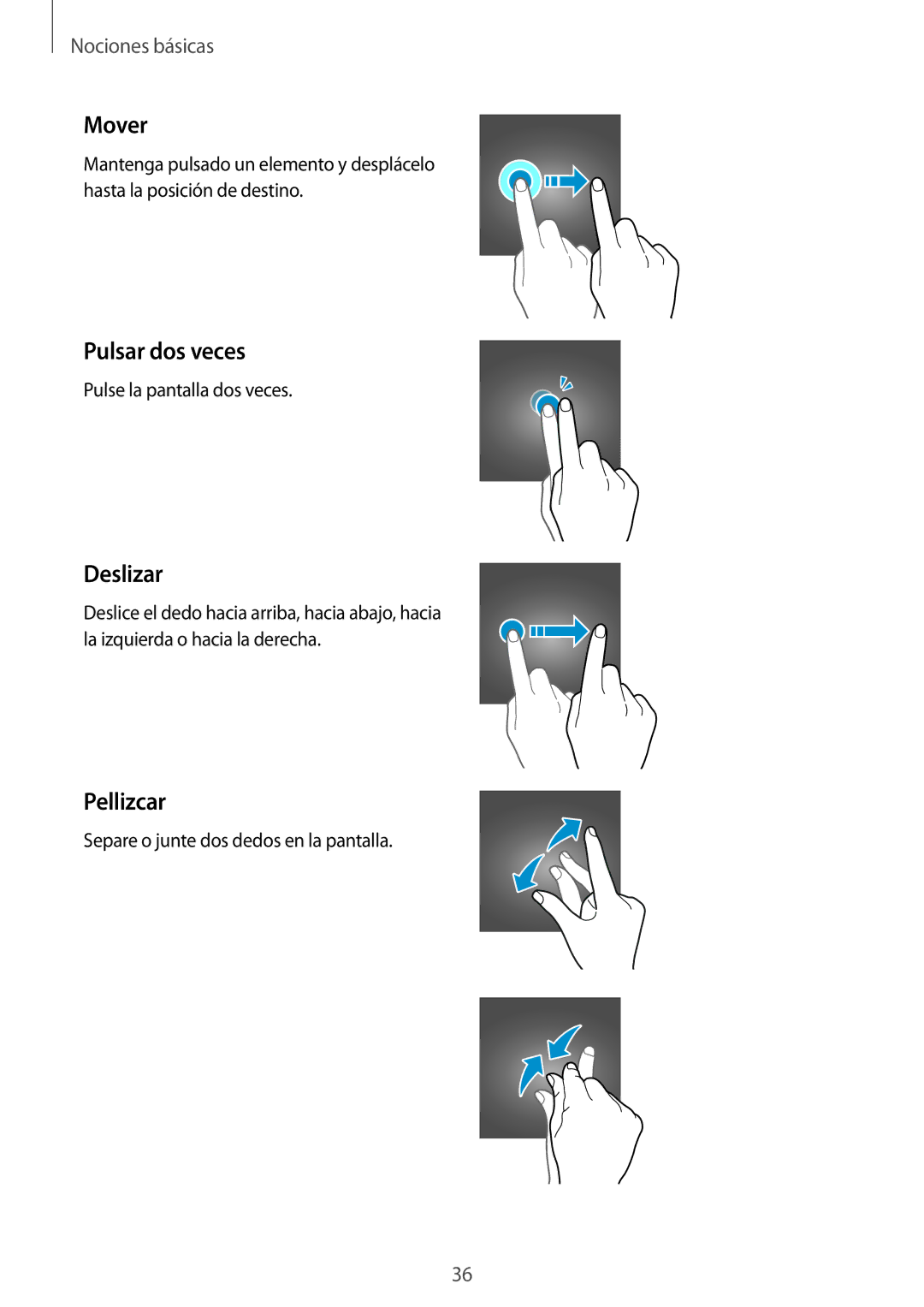 Samsung SM-A520FZIAPHE, SM-A320FZINPHE, SM-A320FZBNPHE, SM-A520FZDAPHE manual Mover, Pulsar dos veces, Deslizar, Pellizcar 