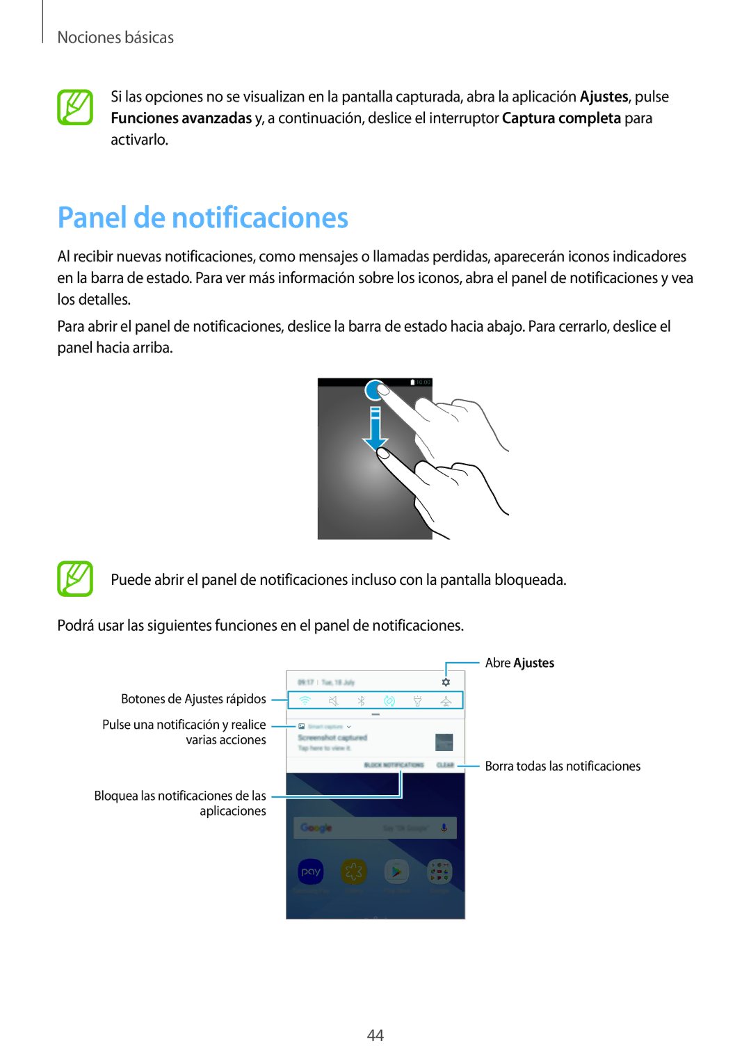 Samsung SM-A520FZIAPHE, SM-A320FZINPHE, SM-A320FZBNPHE, SM-A520FZDAPHE, SM-A520FZKAPHE Panel de notificaciones, Abre Ajustes 