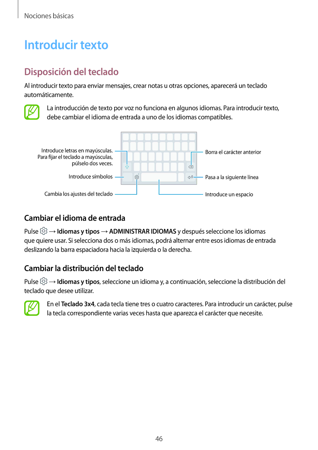 Samsung SM-A320FZKNPHE, SM-A320FZINPHE manual Introducir texto, Disposición del teclado, Cambiar el idioma de entrada 