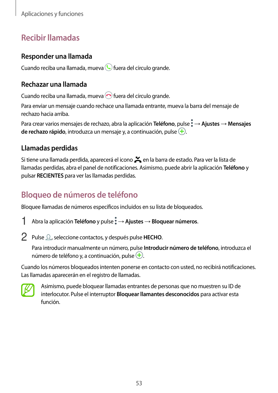 Samsung SM-A320FZDNPHE manual Recibir llamadas, Bloqueo de números de teléfono, Responder una llamada, Rechazar una llamada 