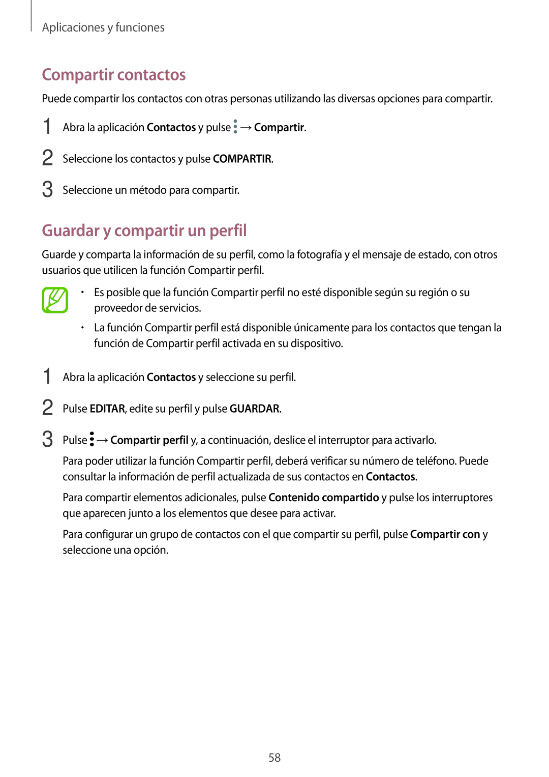 Samsung SM-A520FZDAPHE, SM-A320FZINPHE, SM-A320FZBNPHE, SM-A520FZKAPHE Compartir contactos, Guardar y compartir un perfil 