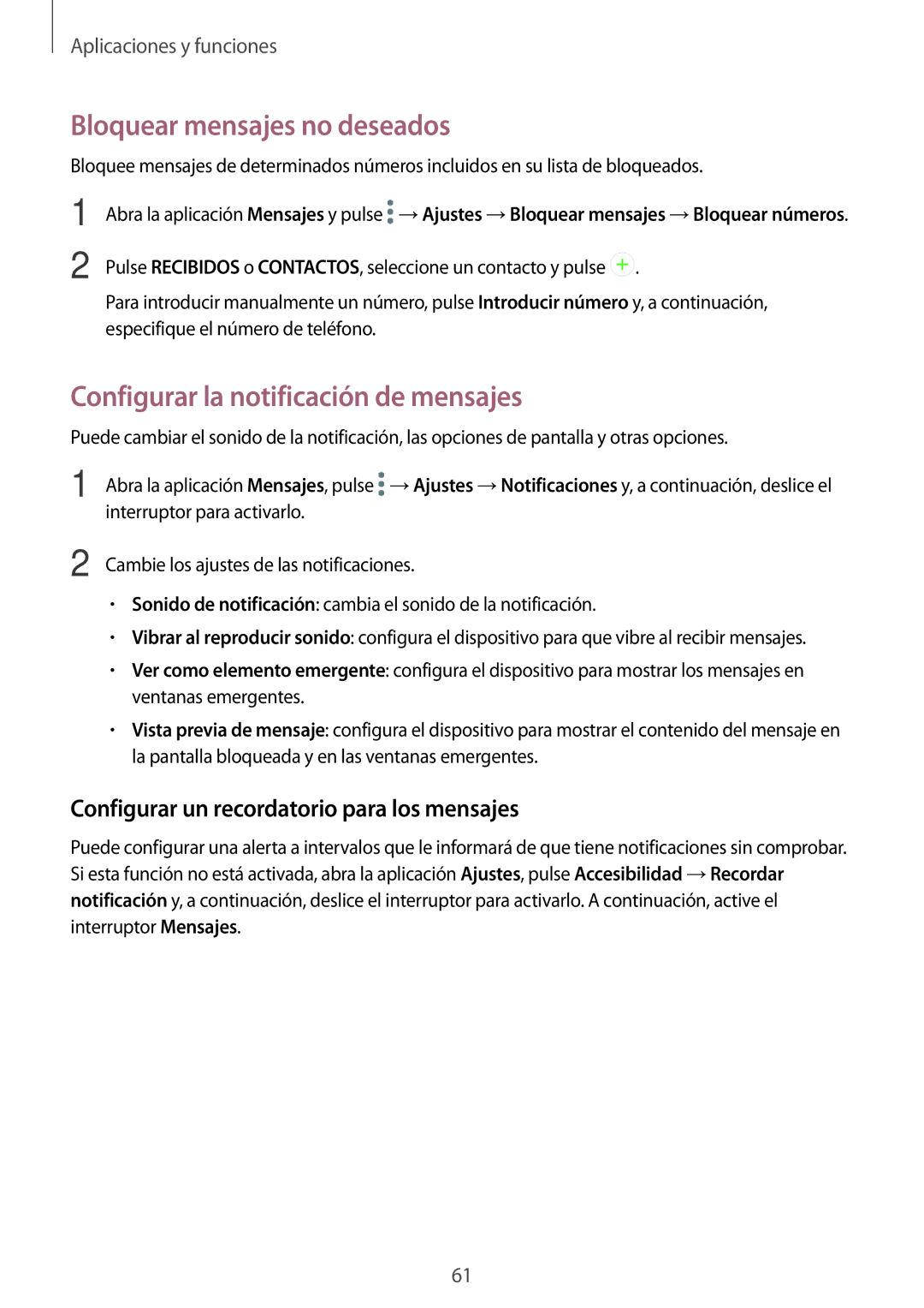 Samsung SM-A320FZDNPHE, SM-A320FZINPHE manual Bloquear mensajes no deseados, Configurar la notificación de mensajes 