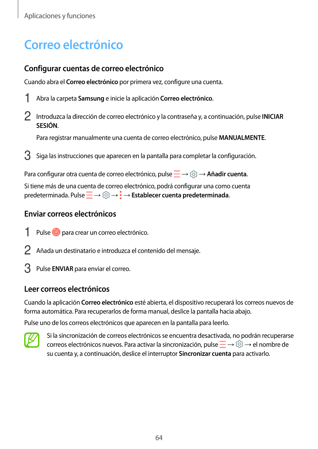 Samsung SM-A320FZINPHE manual Correo electrónico, Configurar cuentas de correo electrónico, Enviar correos electrónicos 