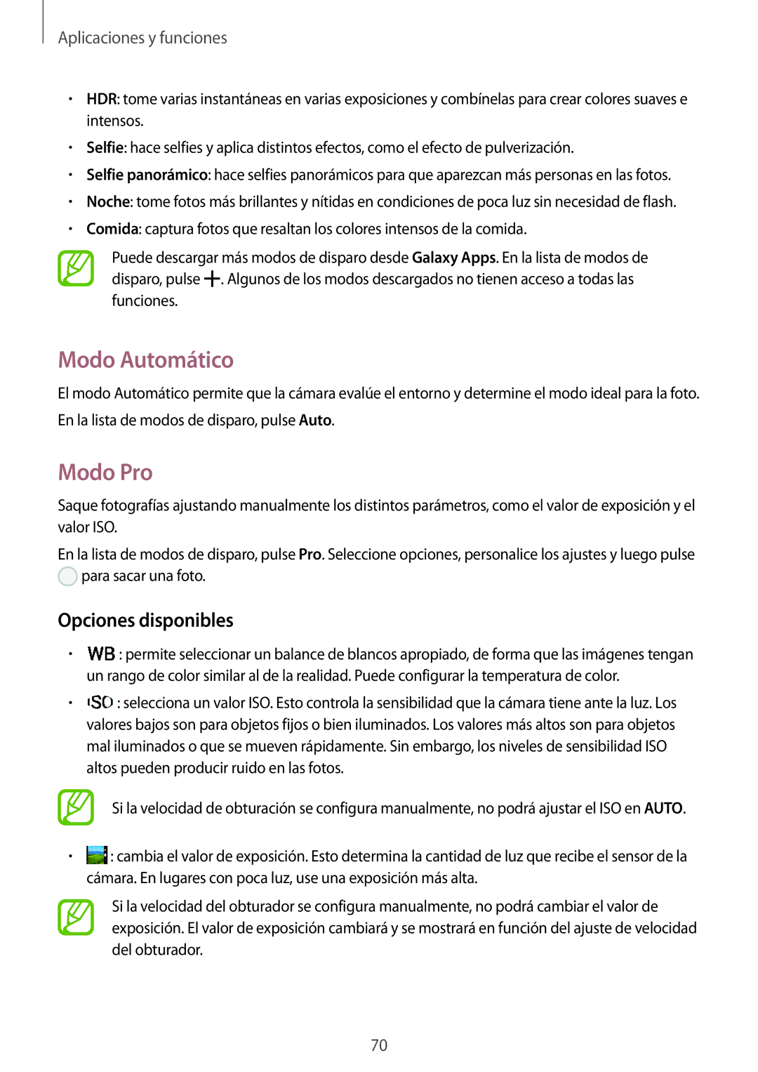 Samsung SM-A320FZKNPHE, SM-A320FZINPHE, SM-A320FZBNPHE, SM-A520FZDAPHE manual Modo Automático, Modo Pro, Opciones disponibles 