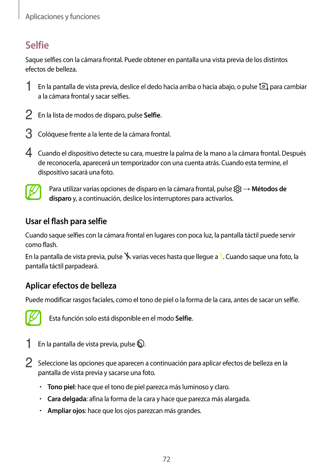Samsung SM-A320FZINPHE, SM-A320FZBNPHE, SM-A520FZDAPHE manual Selfie, Usar el flash para selfie, Aplicar efectos de belleza 