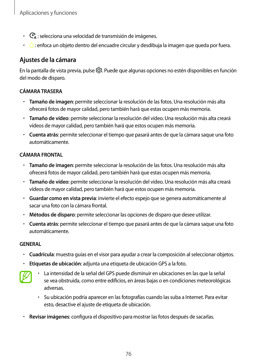 Samsung SM-A520FZIAPHE, SM-A320FZINPHE, SM-A320FZBNPHE, SM-A520FZDAPHE, SM-A520FZKAPHE Ajustes de la cámara, Cámara Trasera 