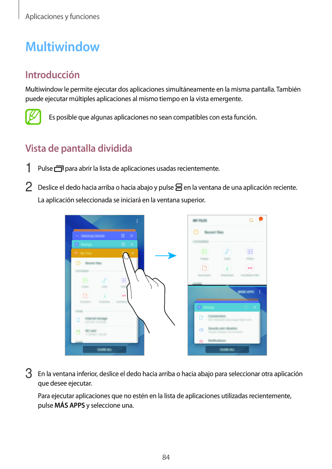 Samsung SM-A520FZIAPHE, SM-A320FZINPHE, SM-A320FZBNPHE, SM-A520FZDAPHE manual Multiwindow, Vista de pantalla dividida 