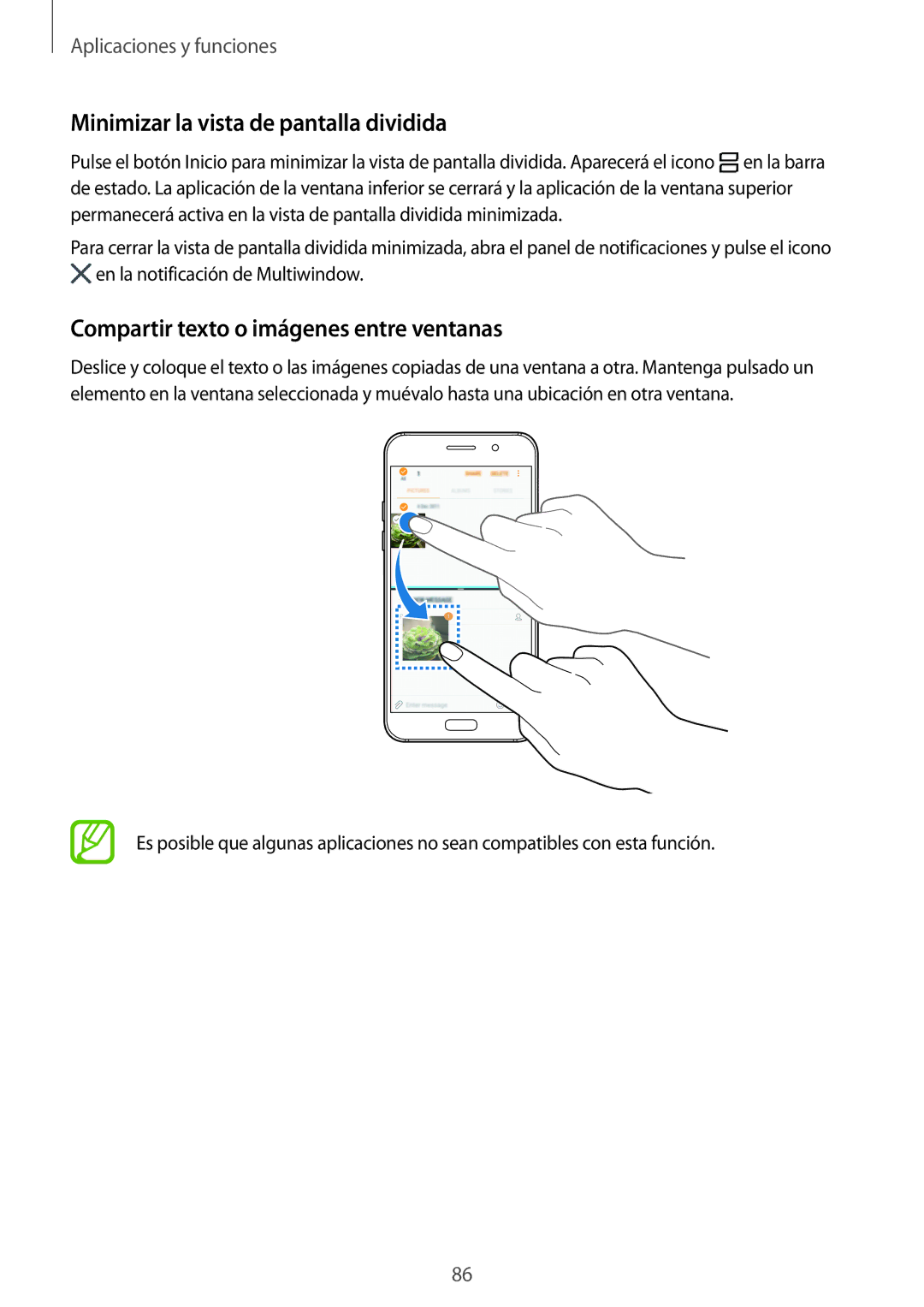 Samsung SM-A320FZKNPHE, SM-A320FZINPHE Minimizar la vista de pantalla dividida, Compartir texto o imágenes entre ventanas 