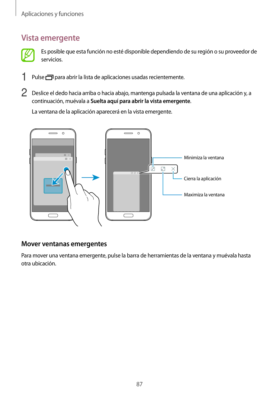 Samsung SM-A520FZBAPHE, SM-A320FZINPHE, SM-A320FZBNPHE, SM-A520FZDAPHE manual Vista emergente, Mover ventanas emergentes 