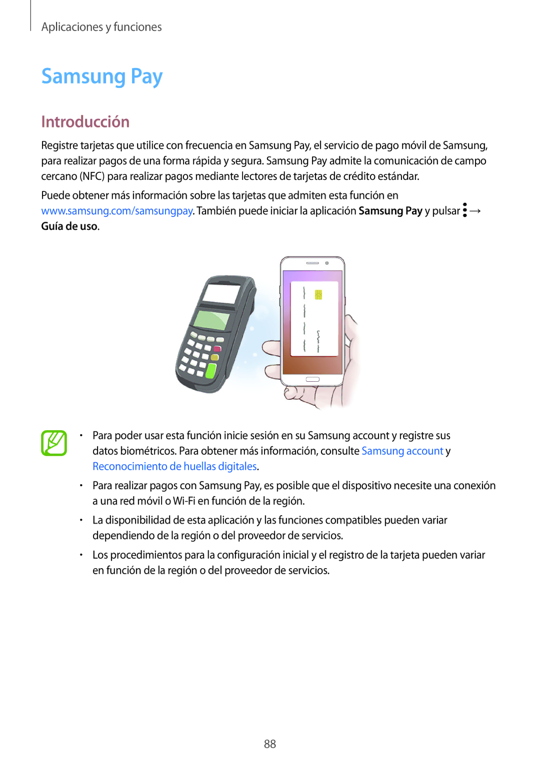 Samsung SM-A320FZINPHE, SM-A320FZBNPHE, SM-A520FZDAPHE, SM-A520FZKAPHE, SM-A520FZIAPHE manual Samsung Pay, Introducción 